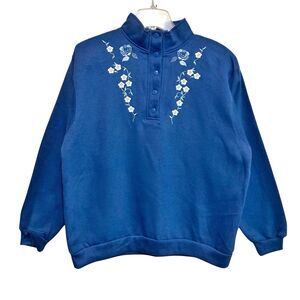 Bonnie Evans Sport Sweatshirt Womens Size Lg Blue Floral Embroidered 1/4 Button
